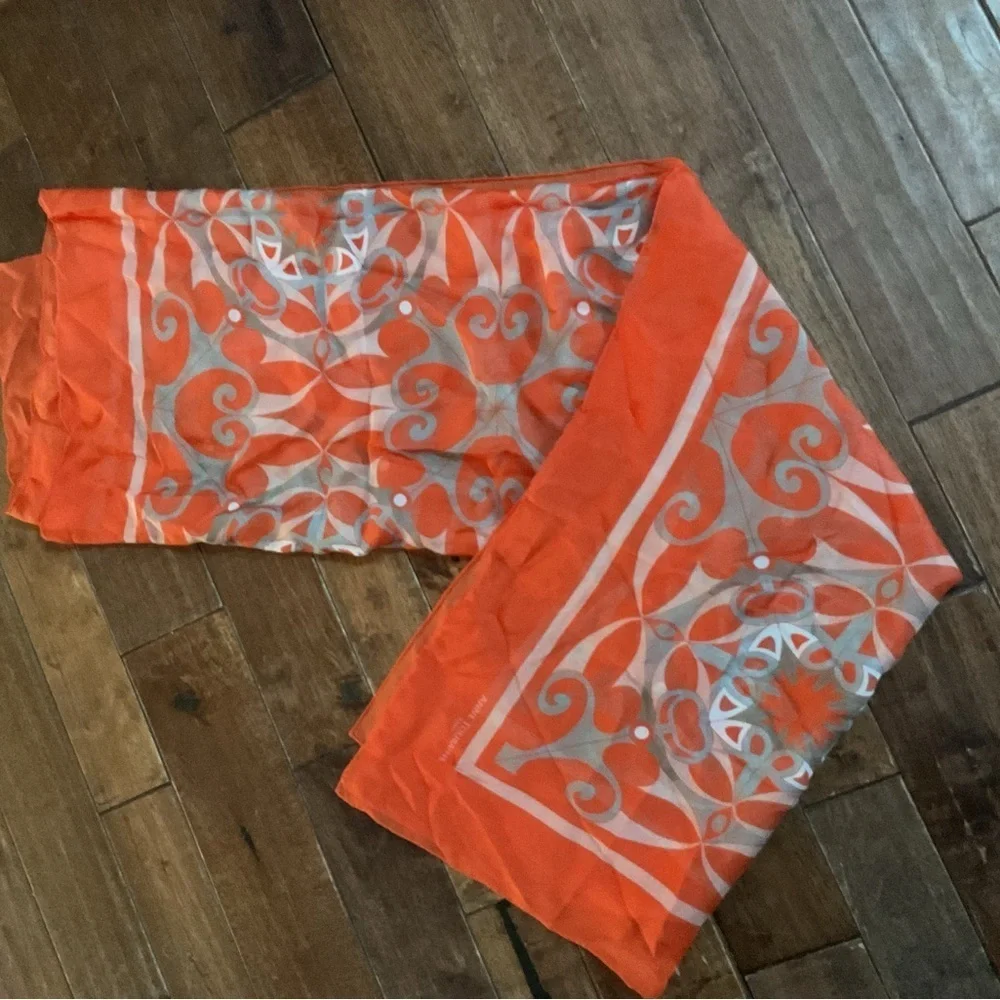Anne Touraine Paris XL silk chiffon scarf- Versailles tangerine 54x54 retail$280